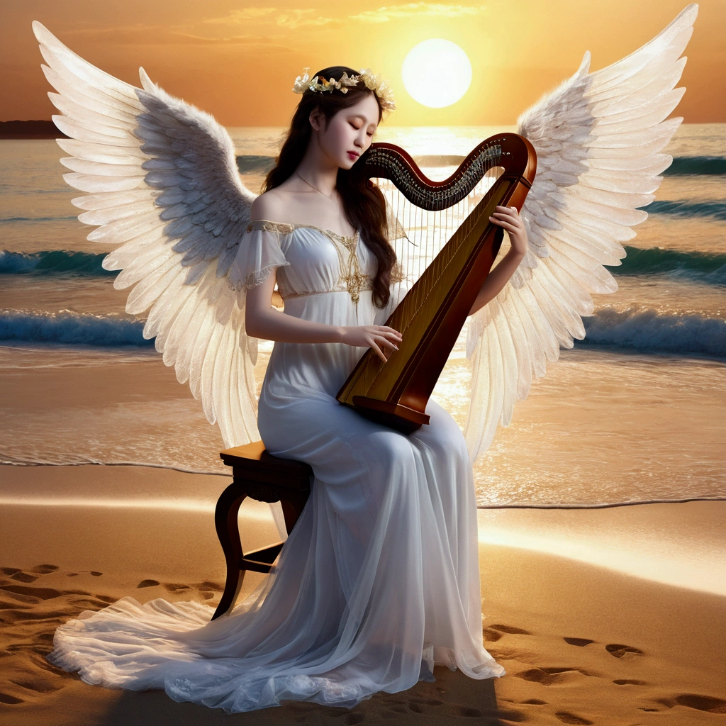 Sunset Beach,Angel playing harp、Transparent Wings、Pale expression、Detailed Description、Photorealistic、Realistic、
