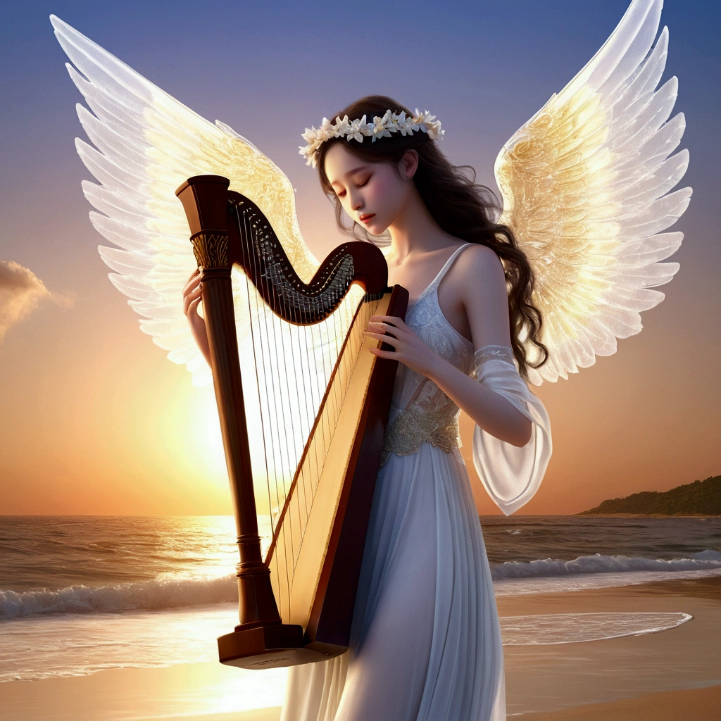 Sunset Beach,Angel playing harp、Transparent Wings、Pale expression、Detailed Description、Photorealistic、Realistic、