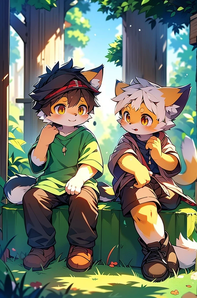 Anime-style image of a cat with orange eyes and a green shirt, Anime drawing by Shitao, Pixiv, fur art, Cute anime face, Wolf Year, Fox Ears, Anime Cat, Detailed fan art, cute Anime Catgirl, Sly Smile, realistic Anime Cat, With cute eyes, He has yellow wolf eyes, Detailed anime soft face