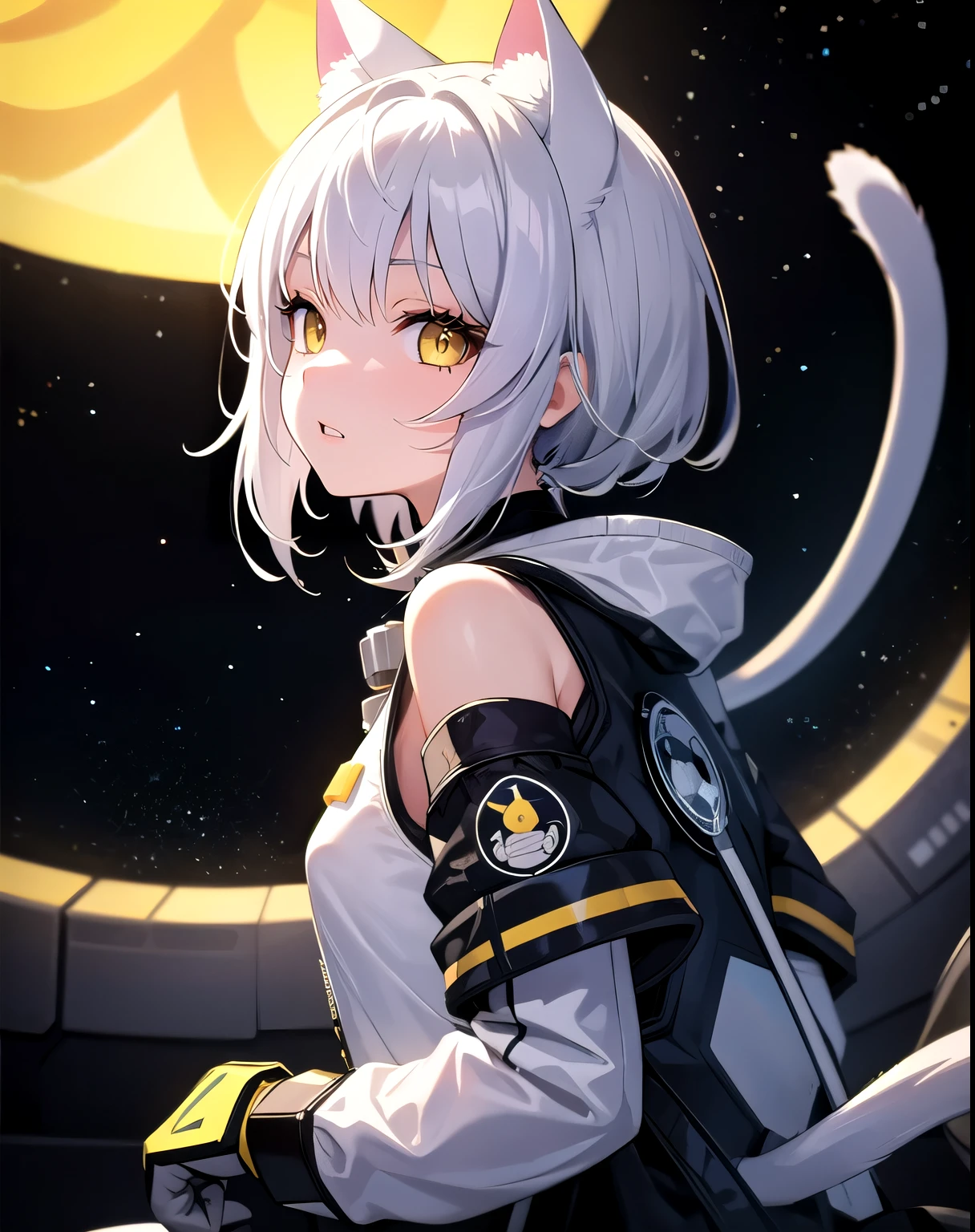 masterpiece, best quality, 1 Girl, Spacecraft interior, Space suit, Upper Body, from the side, Science fiction, Yellow eyes, Double tail, Silver Hair, Cat ears, Looking at the audience,Correct hair