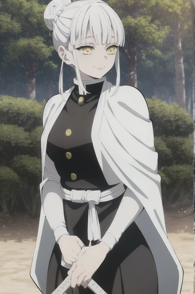 kimetsu no yaiba style, 1girl, white hair in a high bun, demon slayer uniform, solo, yellow eyes, holding a katana ,white hair, all black cape, all black haori, outdoors, bangs, tree,, anime coloring,  ((masterpiece)) , daylight background , beautiful girl, cute, solo , smiling face , ((high quality)) 