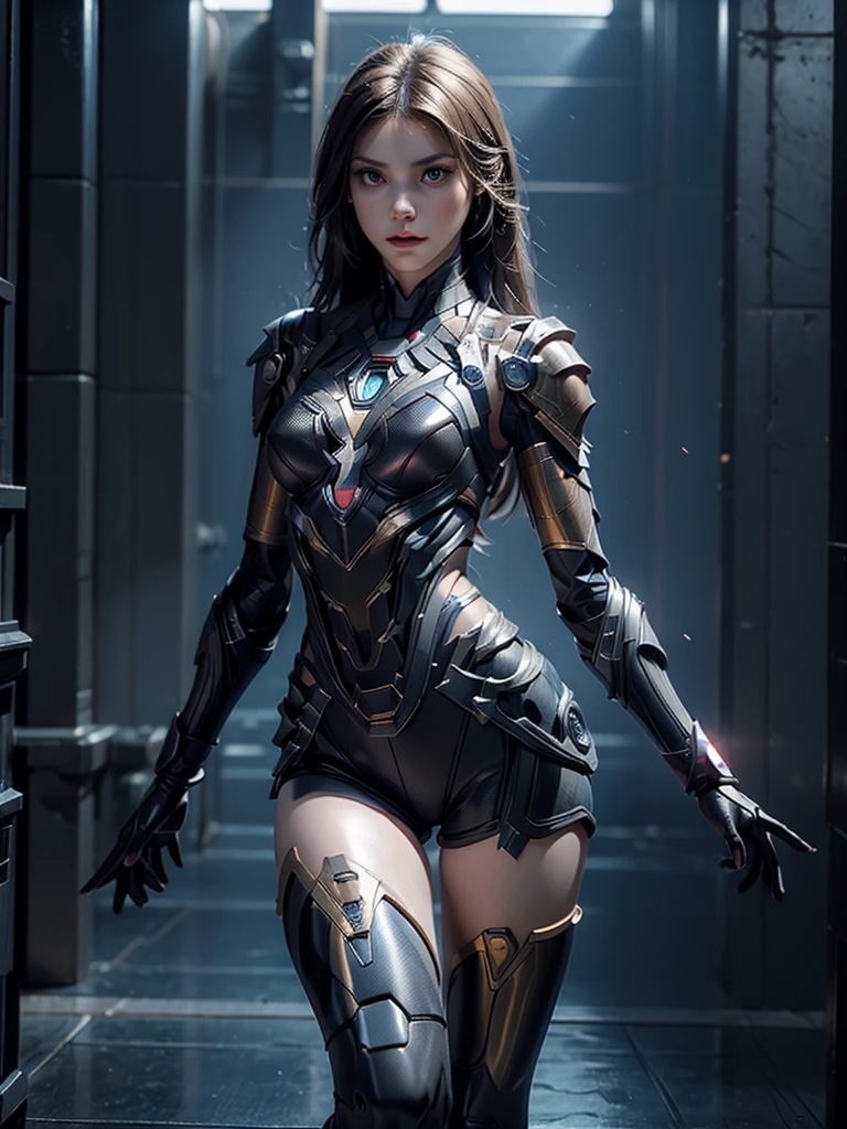 ((masterpiece, 8K, 3D, Realistic, Super Detail)), (1girl:1.3), slender 16 age, Ultra Micro photography, Melissa Benoist Super realistic, Perfect face, 16K resolution, 4k resolution, The photo was taken from the Front, facing to the photographer, Foreground photo, dynamic lighting, posing on a pedestal, high-definition resolution, Beautiful features, ((Perfect female Model Slim body)) Beautiful features, Standing pose, ((small hip)), (((2 piece Hotpants-Bikini))), Sci-fi futuristic, ((Iron man armor)) ((bionic Fragmented Super Girl chest armor suit)), ((Exposed slim thighs)), wear mesh metal-stockings, ((slim thighs)), ((bionic Slim thighs Spider man armor)), Front Full body Shot, full body portrait, perfect legs, Iron Man shoes, futuristic city background
