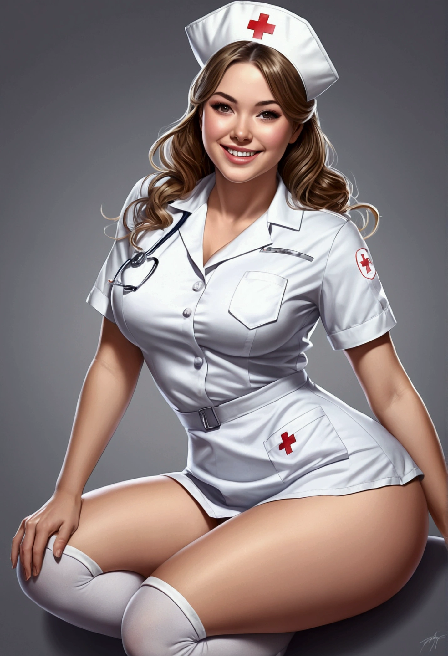 ((masterpiece)),(((Best Quality))),((sketch)),((vulgar)),thick thighs,Beautiful girl,((between breasts)),(((wearing sexual nurse uniform))),smile, (((opening legs)))