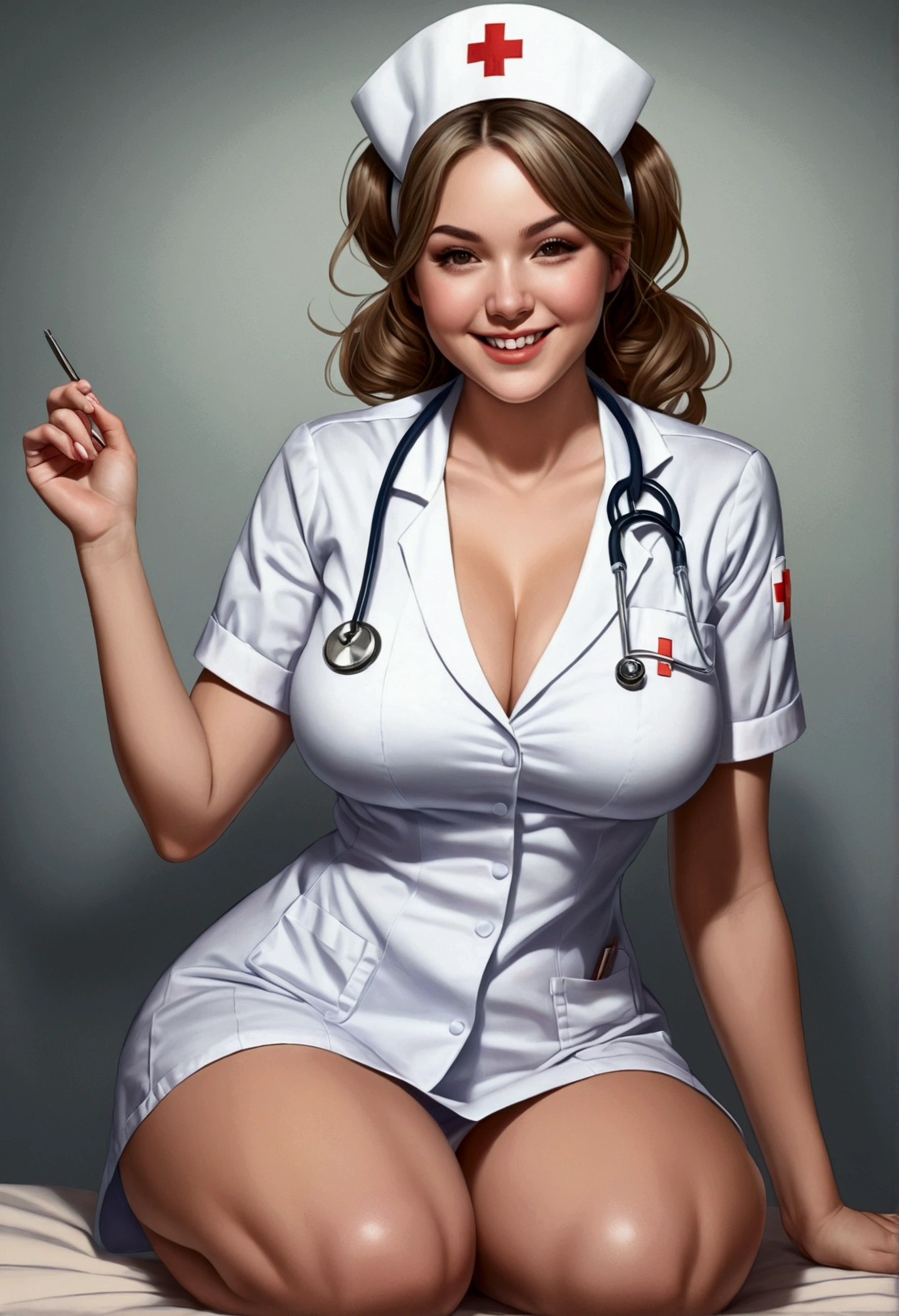 ((masterpiece)),(((Best Quality))),((sketch)),((vulgar)),thick thighs,Beautiful girl,((between breasts)),(((wearing sexual nurse uniform))),smile, (((opening legs)))