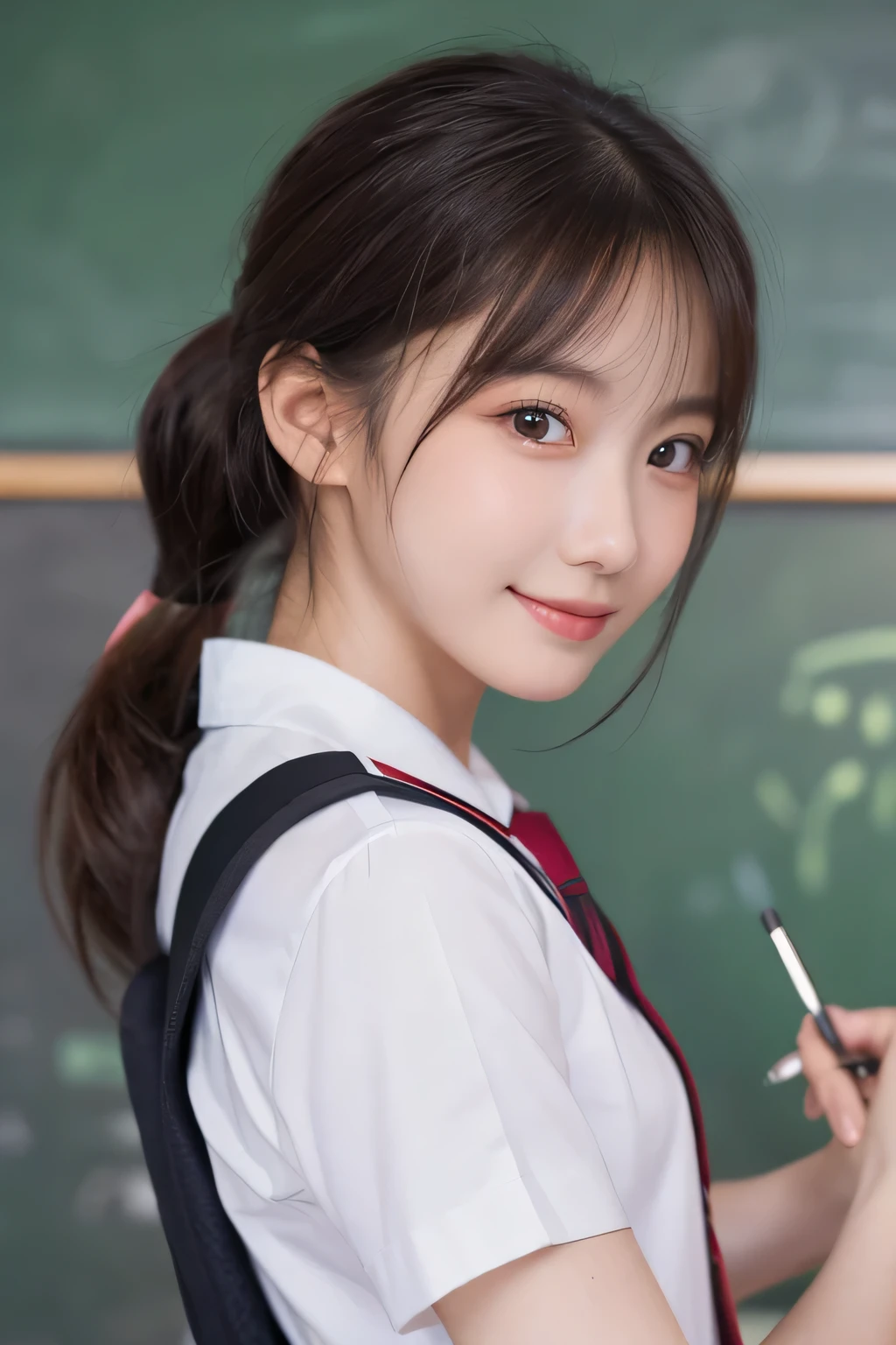 (Beautiful drawing on a blackboard:1.4), , (Highest quality:1.4), (Very detailed), (Very detailed美しい顔), Short sleeve, (school uniform:1.5), Great face and eyes, iris, ponytail, The Beauty of Japan, (Skinny body type:1.3), (Flat Chest:1.3), smile, Open your mouth, (Scribbled blackboard:1.4), Smooth, Very detailed CG 統合 8k 壁紙, High-resolution RAW color photos, Professional photography, Light, BackLight, dream-like, impressive, Written boundary depth, (Face close-up:1.4), (Shooting from behind:1.3), break(School classroom:1.3)