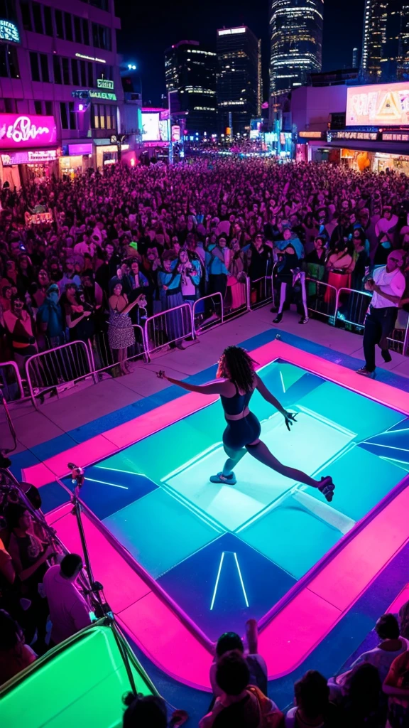 A vibrant dance floor filled with people grooving to funky music, neon lights, 9:16 vertical.