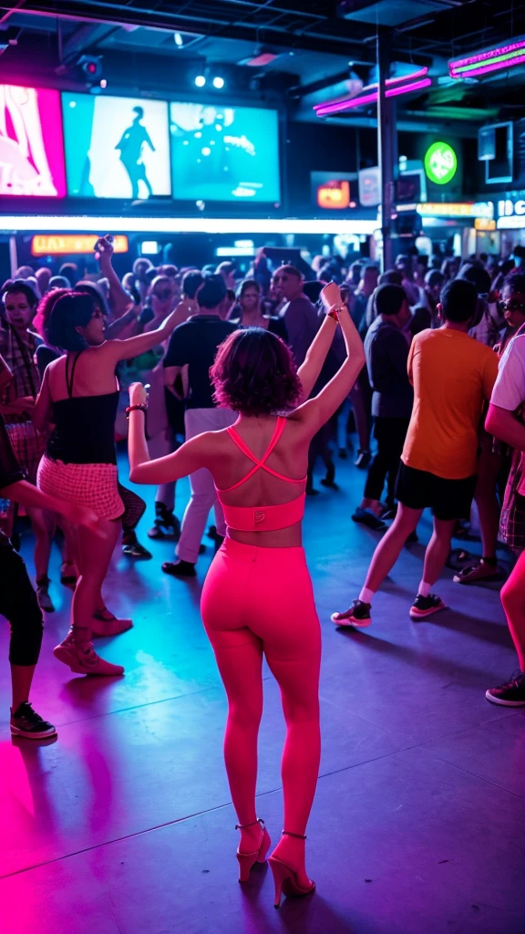 A vibrant dance floor filled with people grooving to funky music, neon lights, 9:16 vertical.