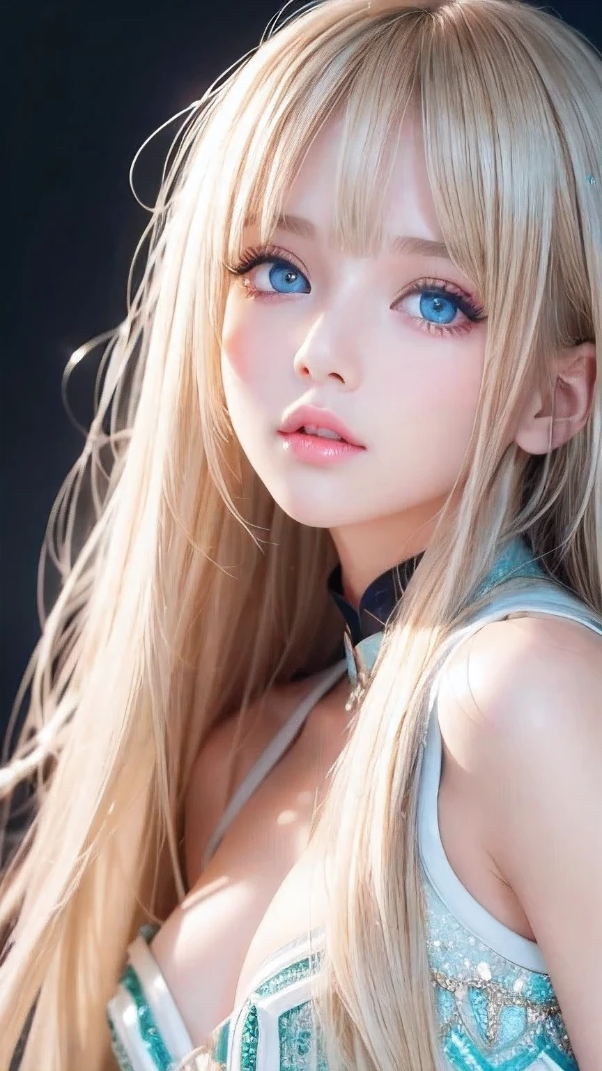 Super long, silky blonde hair、Very cute, beautiful and stunning girl、Bangs falling over the eyes、Hair on the face、Put one bang over your eye、Hair between the eyes、So perfect beautiful cute face、big, Her bright, light blue eyes are so beautiful and sparkling.、Very big eyes、White and lustrous skin、Small Face Beauty、Cheek gloss highlighter、Incredibly white, beautiful, bright and radiant skin、Round face