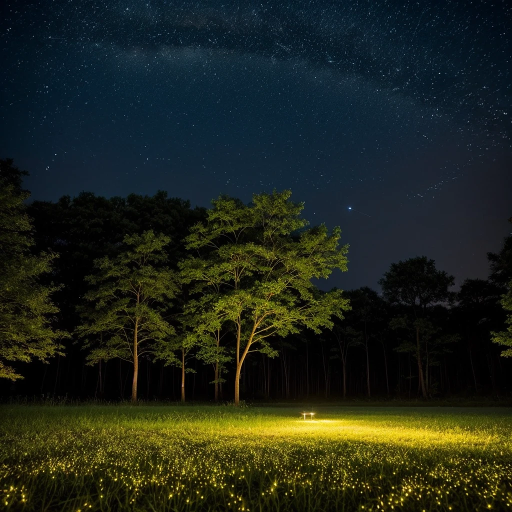 Quiet summer night、Beautiful scenery with fireflies dancing。