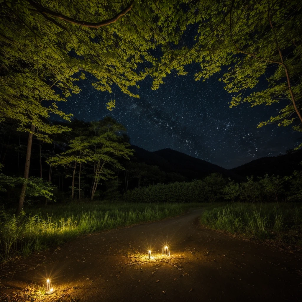 Quiet summer night、Beautiful scenery with fireflies dancing。