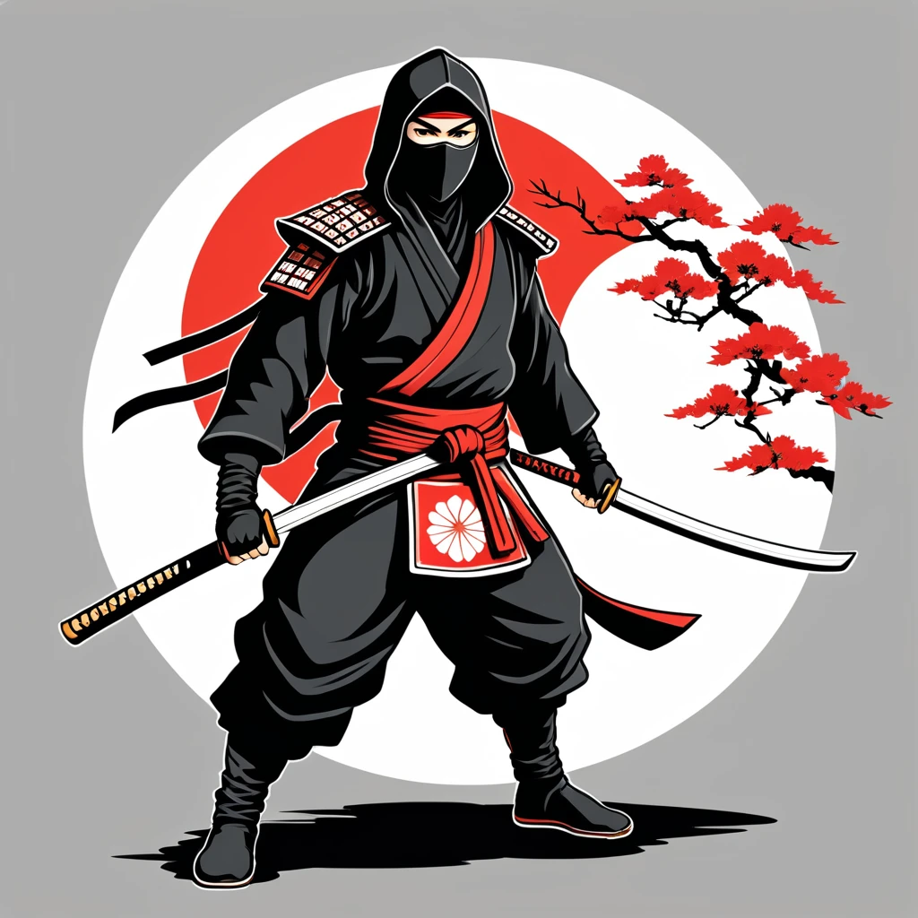 hungarian ninja in japanese folk outfit, vector graphics, strong contours
