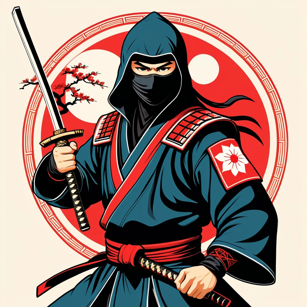 hungarian ninja in japanese folk outfit, vector graphics, strong contours
