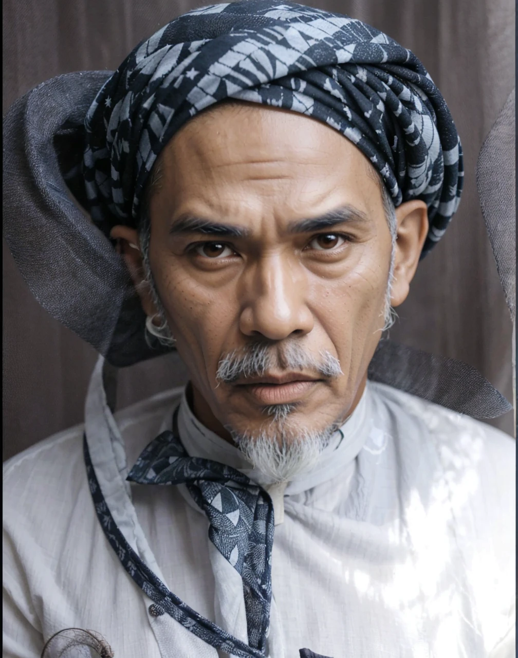 Indonesian Muslim man, 65 years old, naturally wrinkled brown skin appropriate for age, wearing a dark blue patterned turban. white Islamic clothes, oval face, tall nose, long ears, thick gray eyebrows, clear black eyes, slightly thick lower lip, thick white mustache and long beard, closed mouth. HD quality realistic images.

