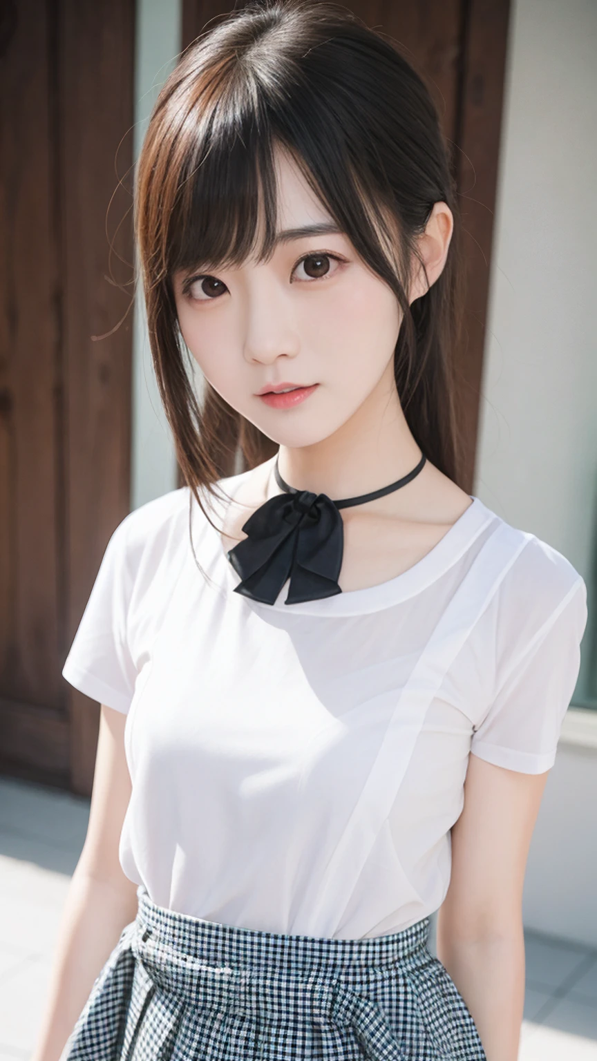 A beautiful girl with a super cute face and a tsundere personality、The highest standard of ultra-high definition full-body photos、(Small face)、No makeup、Sexy lips、Chignon hairstyle、The skin is visibleTshirt、Gingham check pleated skirt、bust88CM、Waist47CM、Hip85CM、A summer experience