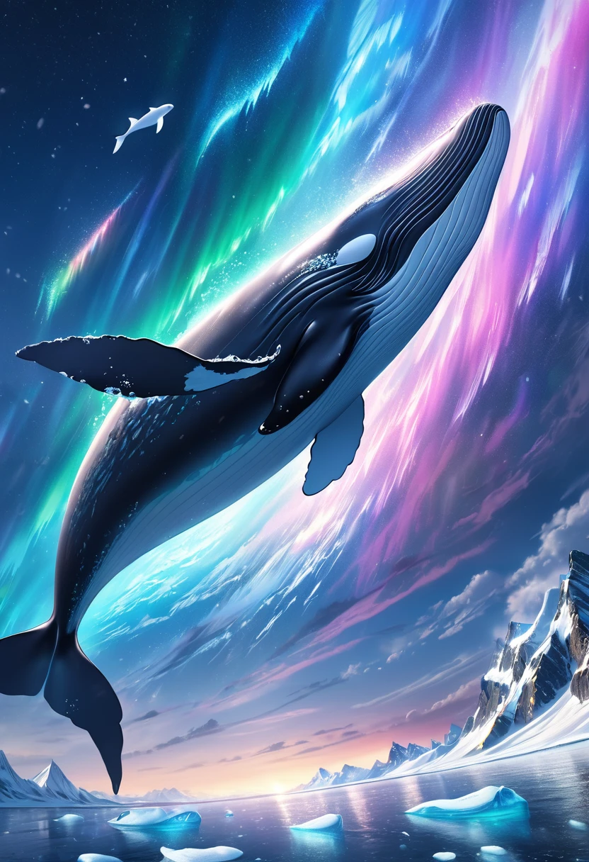 A giant majestic whale soaring through the night sky, surrounded by a stunning backdrop of aurora borealis and icy landscapes, (best quality,4k,8k,highres,masterpiece:1.2),ultra-detailed,(realistic,photorealistic,photo-realistic:1.37),flying whale, whimsical, ethereal, dramatic lighting, intricate details, cinematic, vivid colors, glowing aurora, ice crystals, surreal, dreamlike