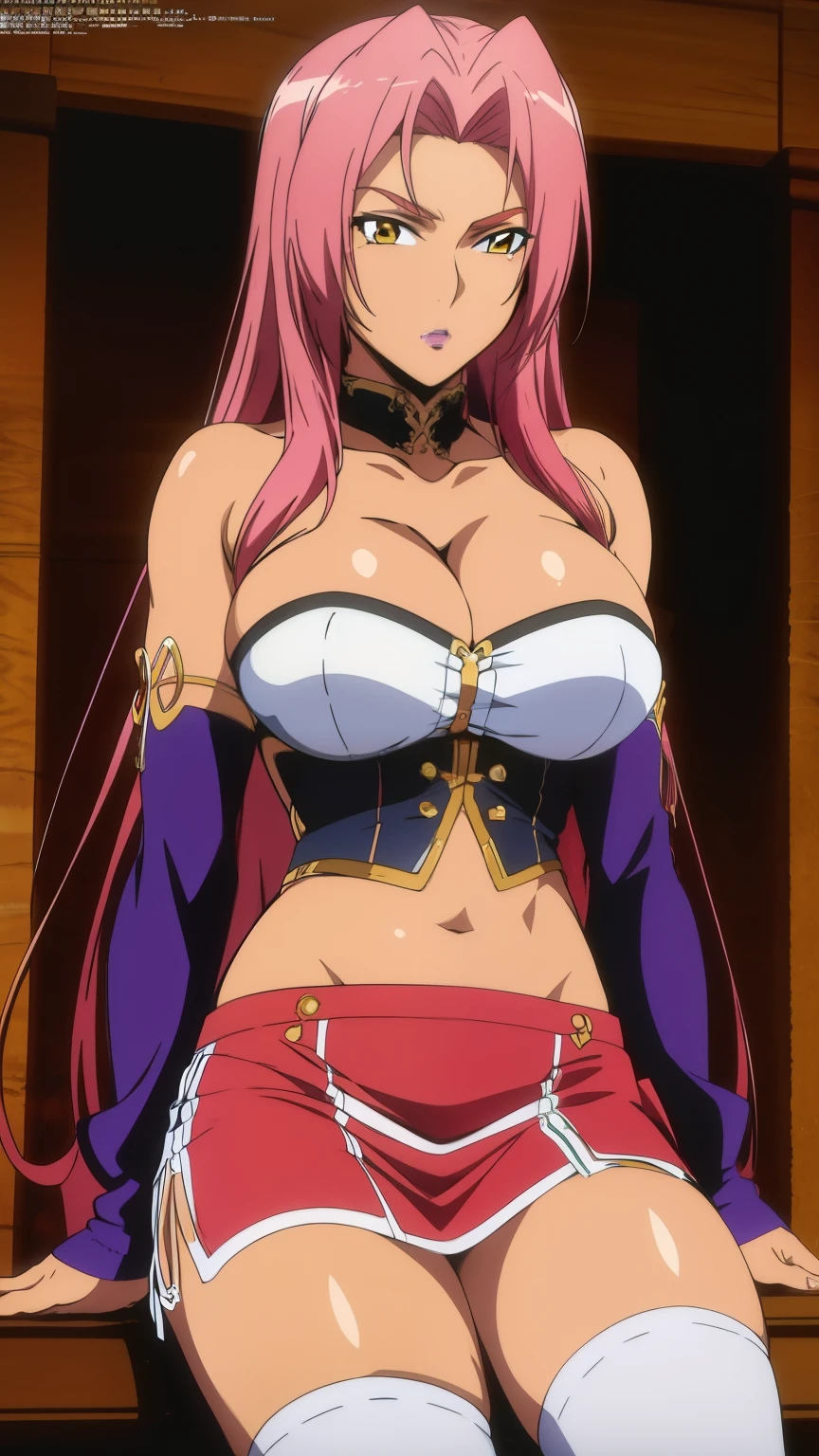 (Highest quality, masterpiece, 8k:1.2), anime art style, ultra-high resolution, hyper detail, Ingrid, one girl, 20 years, adult woman, big breasts, dynamic angle, staring at the viewer, (tube top, cleavage, underbust, purple tube top, strapless, belly button, midriff, mini skirt, bare shoulders, detachable sleeves, white knee socks,)