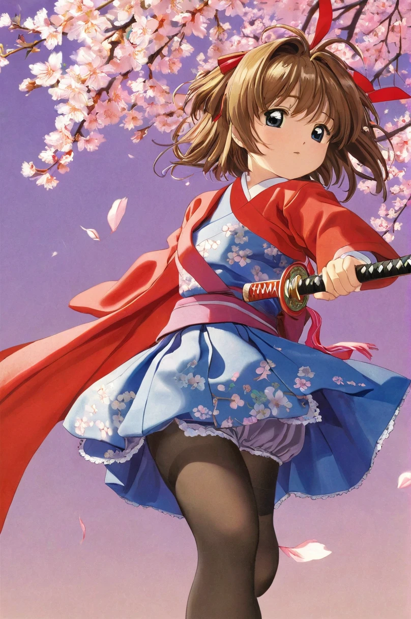 10 year old girl underwear, Sakura Shinguji、Realistic bloomers made from patterned cotton fabric, Japanese clothing and hakama, Fabric Realism, Low - Angle, I see bloomers, Pull up the dress by hand, Strong winds, Translucent slip, Translucent slip, tights, Highest quality,  whole body、Brown Hair、Holding a sword、Big ribbon in hair