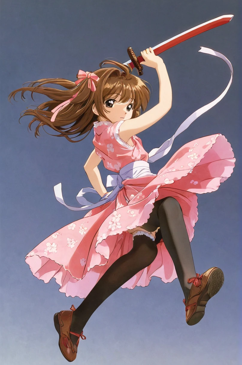 10 year old girl underwear, Sakura Shinguji、Realistic bloomers made from patterned cotton fabric, Japanese clothing and hakama, Fabric Realism, Low - Angle, I see bloomers, Pull up the dress by hand, Strong winds, Translucent slip, Translucent slip, tights, Highest quality, whole body、Brown Hair、Holding a sword、Big ribbon in hair