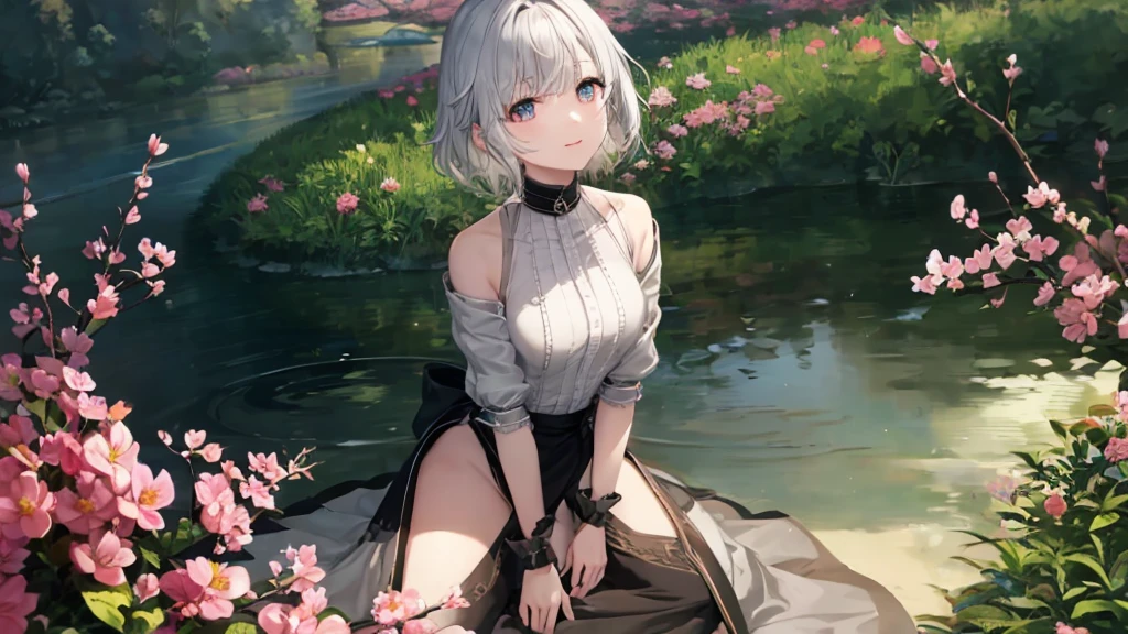 Ultra HD,Look at the viewers, Put your hands behind your back, With a girl, 20-year-old, 非常にShort Hair, Long bangs between the eyes, Pale blue eyes, Very detailed,(masterpiece、Highest quality),Gray Hair、Laughter、Fantastic, Silver Hair, Iris, Short hair、 Fluttering Hair、Small Face、明るいsmile、(Detailed face) ,Professional Lighting,Wonderful landscape,blue sky, sunlight,Looking down from above,Portraiture、Open your mouth、Flower Field、Her eyes were shining、Mysterious and enchanting atmosphere。With AI Painting、とてもShort Hair, Long bangs between the eyes, Very detailed,(masterpiece、Highest quality)、alone、Gray Hair、Fantasy, Silver Hair, Fantasyな風景、smile、Open your mouth、short hair、Short Hair、hairpin、black eye、Grey Eyes、Beautiful Eyes、Black Shirt、White hoodie