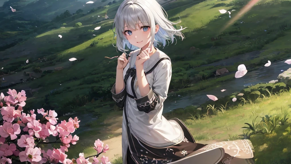 Ultra HD,Look at the viewers, Put your hands behind your back, With a girl, 20-year-old, 非常にShort Hair, Long bangs between the eyes, Pale blue eyes, Very detailed,(masterpiece、Highest quality),Gray Hair、Laughter、Fantastic, Silver Hair, Iris, Short hair、 Fluttering Hair、Small Face、明るいsmile、(Detailed face) ,Professional Lighting,Wonderful landscape,blue sky, sunlight,Looking down from above,Portraiture、Open your mouth、Flower Field、Her eyes were shining、Mysterious and enchanting atmosphere。With AI Painting、とてもShort Hair, Long bangs between the eyes, Very detailed,(masterpiece、Highest quality)、alone、Gray Hair、Fantasy, Silver Hair, Fantasyな風景、smile、Open your mouth、short hair、Short Hair、hairpin、black eye、Grey Eyes、Beautiful Eyes、Black Shirt、White hoodie