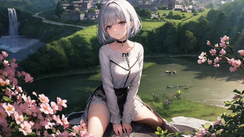 Ultra HD,Look at the viewers, Put your hands behind your back, With a girl, 20-year-old, 非常にShort Hair, Long bangs between the eyes, Pale blue eyes, Very detailed,(masterpiece、Highest quality),Gray Hair、Laughter、Fantastic, Silver Hair, Iris, Short hair、 Fluttering Hair、Small Face、明るいsmile、(Detailed face) ,Professional Lighting,Wonderful landscape,blue sky, sunlight,Looking down from above,Portraiture、Open your mouth、Flower Field、Her eyes were shining、Mysterious and enchanting atmosphere。With AI Painting、とてもShort Hair, Long bangs between the eyes, Very detailed,(masterpiece、Highest quality)、alone、Gray Hair、Fantasy, Silver Hair, Fantasyな風景、smile、Open your mouth、short hair、Short Hair、hairpin、black eye、Grey Eyes、Beautiful Eyes、Black Shirt、White hoodie