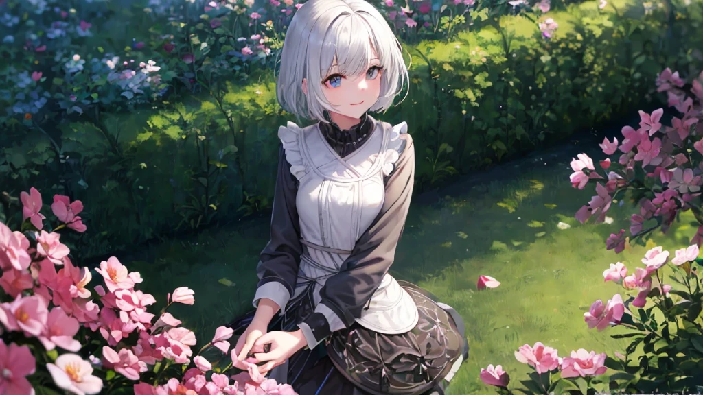 Ultra HD,Look at the viewers, Put your hands behind your back, With a girl, 20-year-old, 非常にShort Hair, Long bangs between the eyes, Pale blue eyes, Very detailed,(masterpiece、Highest quality),Gray Hair、Laughter、Fantastic, Silver Hair, Iris, Short hair、 Fluttering Hair、Small Face、明るいsmile、(Detailed face) ,Professional Lighting,Wonderful landscape,blue sky, sunlight,Looking down from above,Portraiture、Open your mouth、Flower Field、Her eyes were shining、Mysterious and enchanting atmosphere。With AI Painting、とてもShort Hair, Long bangs between the eyes, Very detailed,(masterpiece、Highest quality)、alone、Gray Hair、Fantasy, Silver Hair, Fantasyな風景、smile、Open your mouth、short hair、Short Hair、hairpin、black eye、Grey Eyes、Beautiful Eyes、Black Shirt、White hoodie