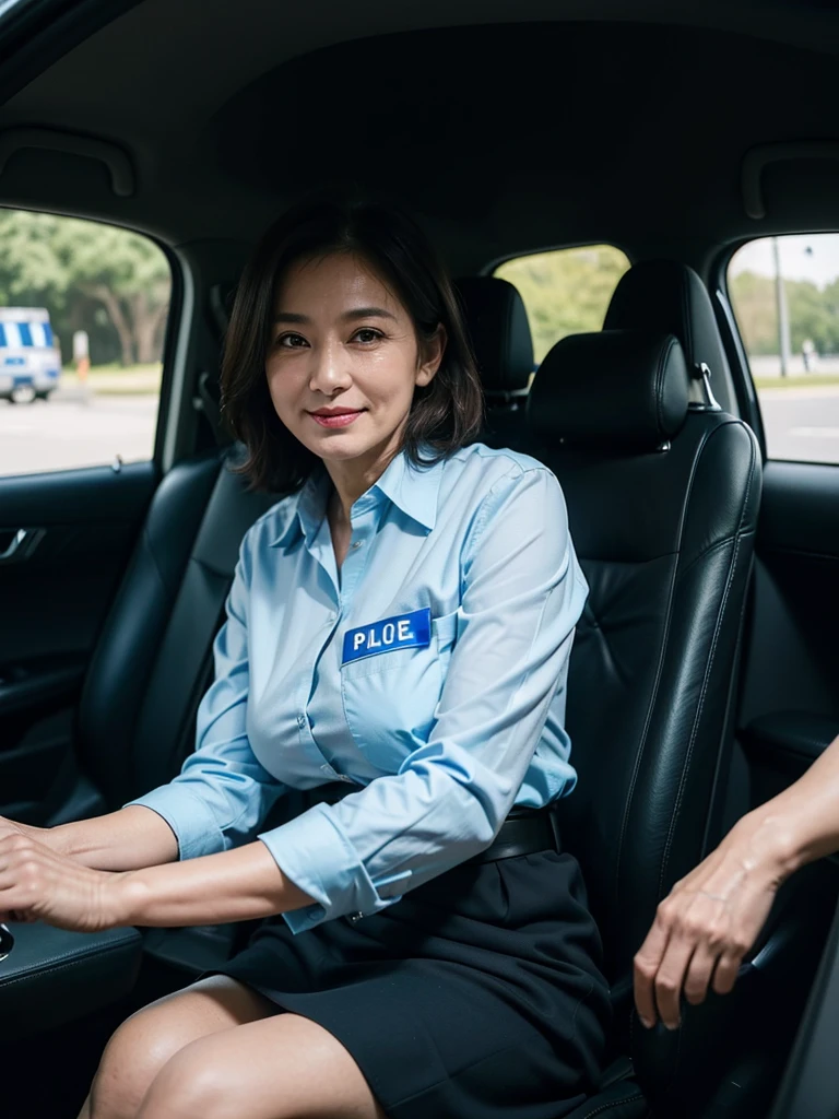 (masterpiece:1.4),(58-year-old woman:1.5),(facial wrinkles 1.2), mid-length hair, smirking, sly smile, Mature Woman, (police uniform : 1.3), (light blue shirt, black skirt, breast pocket, black-belt, police badge), sitting in a car