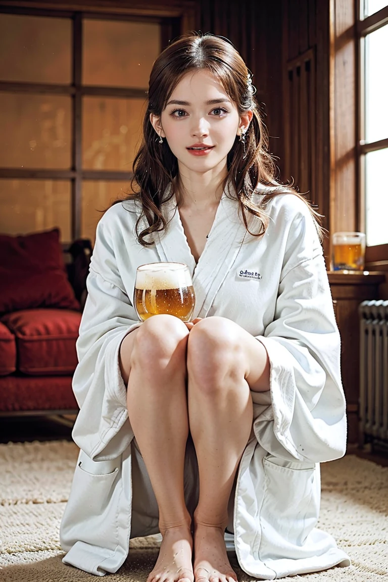 (Preserve face images), Cowboy Shot、Golden Ratio、(((drinking a glass of beer)))、Beer bottles on the table、Pale face:1.3、Super thin face:1.3, (very big eyes:1.5)、 (blown eyes:1.5), master piece、8k, {highest quality}, {{masterpiece}}, {very delicate and beautiful}, outstanding light and shadow, highly detailed wallpaper, Night Background, (((Full body))), 1 girl, blush、(薄い茶Farbeの髪), Wet hair after a shower、 necklace、ring、earrings、BREAK (( (Stylish home living room), Wearing an oversized white bathrobe ):1.3) ,(Toothless smile:1,5), 窓の外はNight Background:1.5