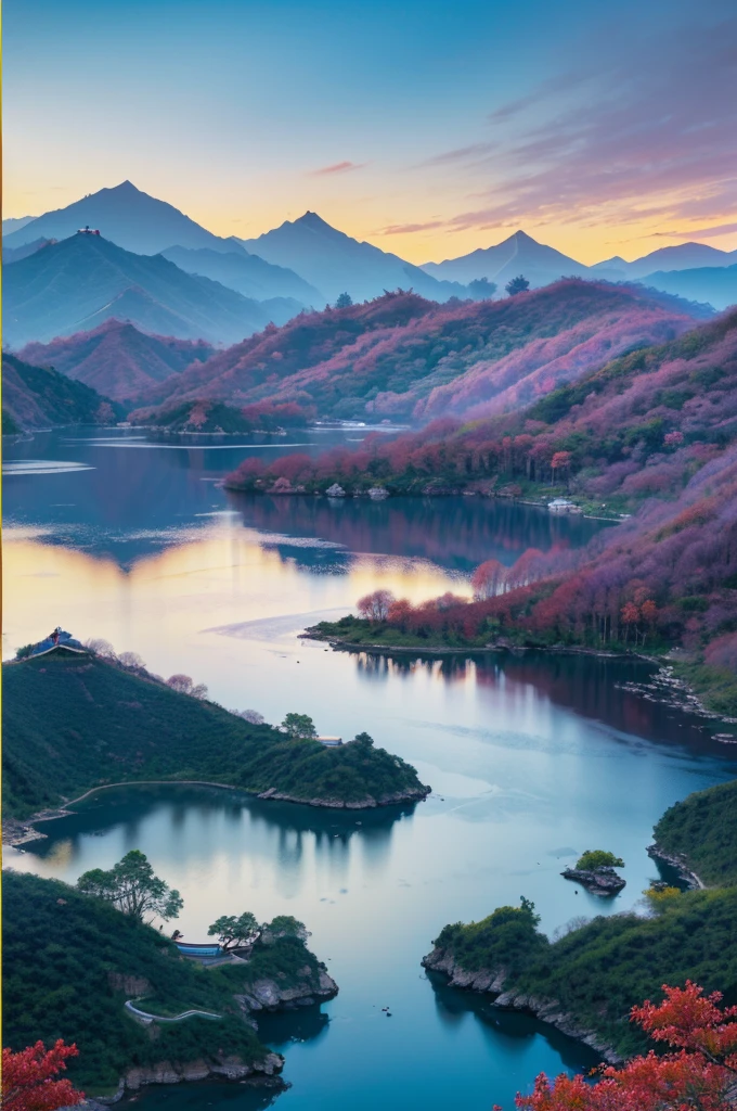 A Chinese style landscape painting,The upper left corner is required to be blue,The middle and upper part is cyan,The upper right corner is purple,The left side is blue,Purple in the middle,The right side is yellow,The lower left corner is the red envelope,The middle and lower part is gold,The lower right corner is