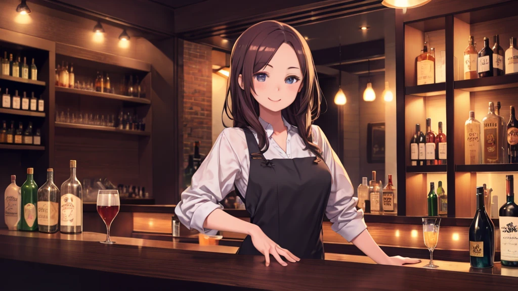masterpiece、Highest quality、High resolution、Very detailed、medium wide shot、Mature Woman、bartender、bar counter、stylish bar、smile、