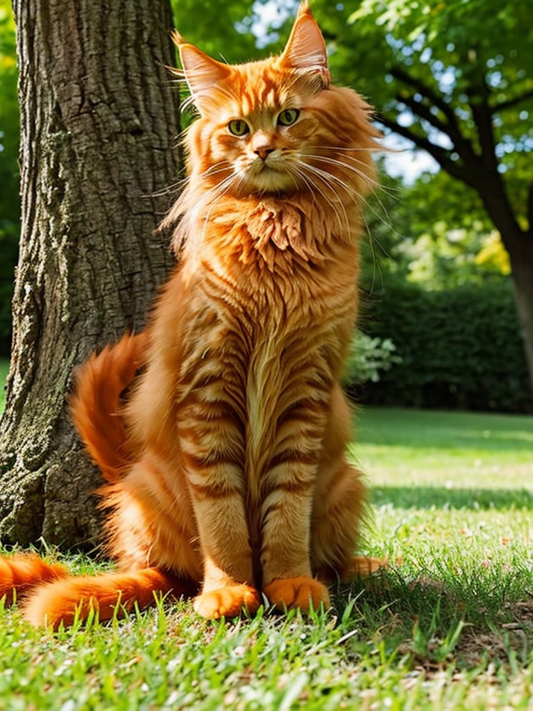 there is a cat sitting on the ground in front of a tree, an orange cat, awesome cat, ginger cat, orange cat, orange fluffy belly, garfield the cat, anthropomorphic large maine coon, the cat is orange, persian cat, maine coon, doing a majestic pose, fluffy cat, a handsome, chonker cat, fluffy orange skin