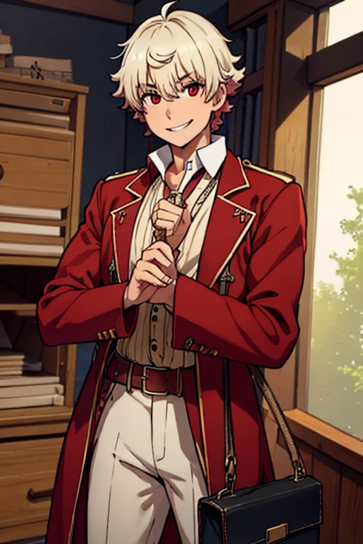 Perfect face. Perfect hands. A young white haired man with red eyes in a Gothic sheriff's uniform is exploring an outlaw's den in a the wild west with a big smile