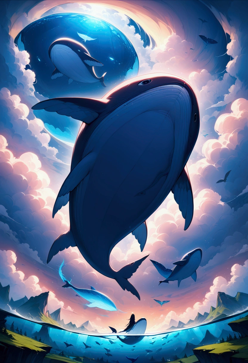 Flying Whale, Winged Whale, A giant whale flying through the sky, extremely detailed whale, glowing whale body, ethereal whale, whale surrounded by clouds, dramatic lighting, cinematic angle, fantasy landscape, vibrant colors, epic, mystical, ethereal, surreal, masterpiece, best quality, very aesthetic, absurdres