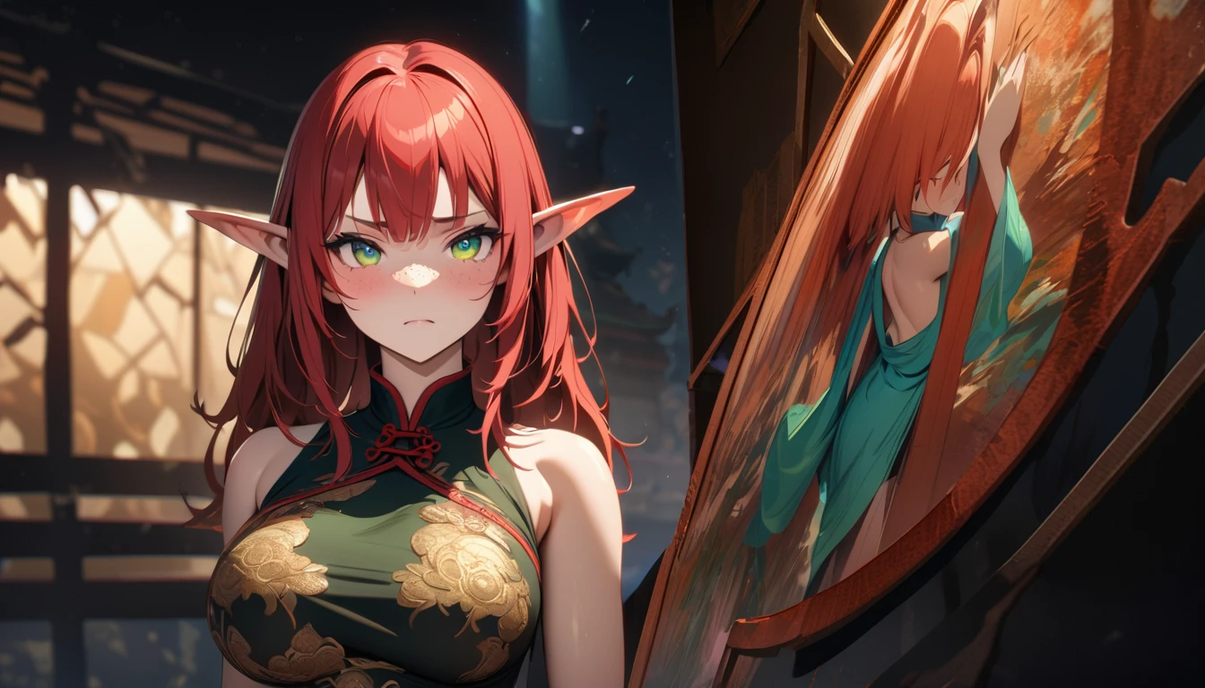 masterpiece, Best quality, 1 girl,photo, w(red-crimson hair) elf ears, freckles, adult woman, sculpted body, Super detailed hand, super detailed face, Hyper detailed body, (emerald green eyes), , concentrated eyes, Quite detailed eyes, pale skin, Flushed face, (( in a long black Chinese dress)), Body hair longo, Body hair (connected), serious expression, Frowning eyes, partes do full body, Whole limbs, ((full body)), Gorgeous fur, a high resolution, 4K, The waist is thin, small foot, role model, best quality specialist, (long black sock), good lighting, simple background, darkness background, High-resolution image, digital painting, Spiritual peace, golden ratio composition, cowboy shot, brilliant, brilliant hair, (night:1.2),Dreamy, [[gentle fingers and hands:0.55]::0.85],(detailed fingers),),(emotional),(breathtaking),(main part:1.2) whole body.), (Anime Style), (Super Detailed), (brutal), (uhd, HDR), (8k), (High Resolution: 1.2), (Complex and Beautiful: 1.2)