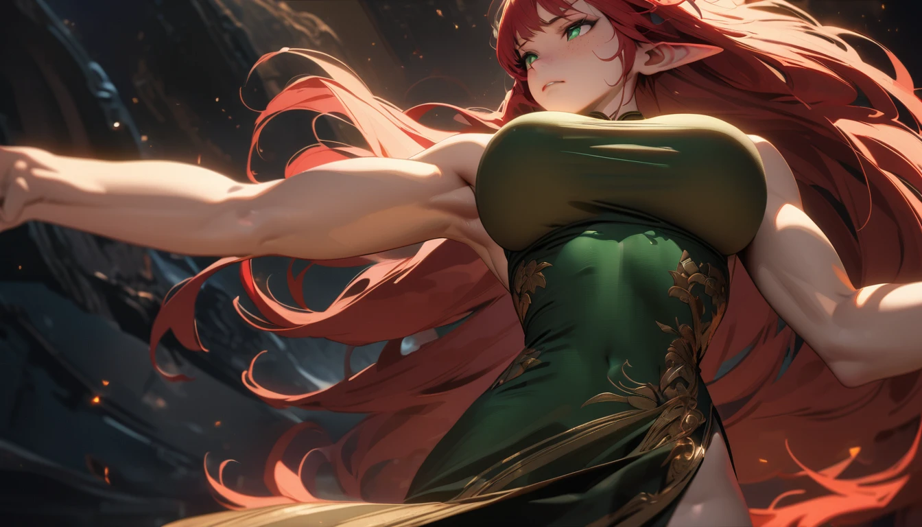 masterpiece, Best quality, 1 girl,photo, w(red-crimson hair) elf ears, freckles, adult woman, sculpted body, Super detailed hand, super detailed face, Hyper detailed body, (emerald green eyes), Big breasts, concentrated eyes, Quite detailed eyes, pale skin, Flushed face, (( in a long black Chinese dress)), Body hair longo, Body hair (connected), serious expression, Frowning eyes, partes do full body, Whole limbs, ((full body)), Gorgeous fur, a high resolution, 4K, The waist is thin, small foot, role model, best quality specialist, (long black sock), good lighting, simple background, darkness background, High-resolution image, digital painting, Spiritual peace, golden ratio composition, cowboy shot, brilliant, brilliant hair, (night:1.2),Dreamy, [[gentle fingers and hands:0.55]::0.85],(detailed fingers),),(emotional),(breathtaking),(main part:1.2) whole body.), (Anime Style), (Super Detailed), (brutal), (uhd, HDR), (8k), (High Resolution: 1.2), (Complex and Beautiful: 1.2)