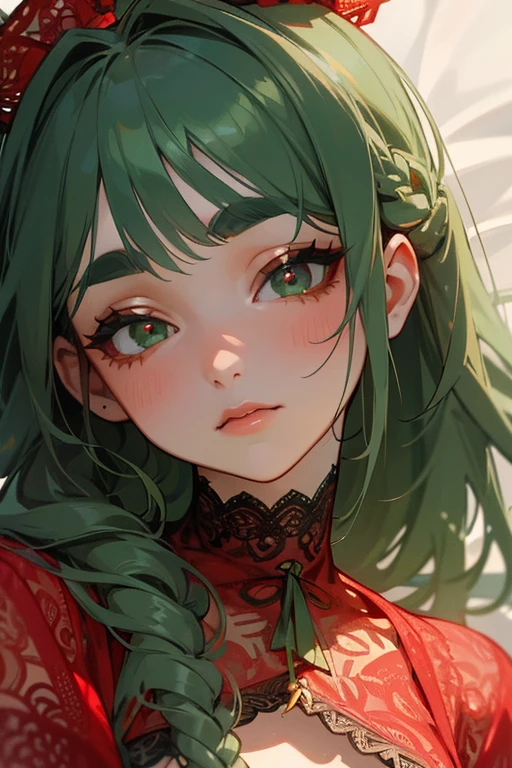 (Highest quality, masterpiece:1.2), High resolution, Very detailed, Realistic:1.37, Fantasy, An illustration, Green Eyes、Queen, ((Red lace swimsuit)).Platinum decoration、beautifully、Eyeshadow Red、Thick eyebrows、Long eyelashes、pupils are black、Her hair is dark green、Gold crown、Kissing Face、Embarrassing、Beloved by the crowd、Hair is green、Braiding、hair ornaments、Keep the image of your face、(Sleeping in bed)