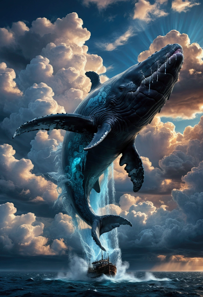 Flying Whale, Winged Whale, A giant whale flying through the sky, extremely detailed whale, glowing whale body, ethereal whale, whale surrounded by clouds, dramatic lighting, cinematic angle, fantasy landscape, vibrant colors, epic, mystical, ethereal, surreal, masterpiece, best quality, very aesthetic, absurdres