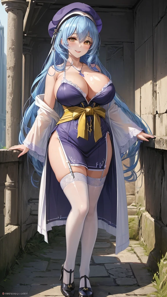 ((masterpiece, ultra detailed, UHD)) cute 1girl, 16-years-old, very-long-curl-hair. between-eyes-hair, BREAK (gigantic breasts:1.2), slender-body, thin-waist, leggy, curvy, BREAK ultra detailed-face, Attractive-lips, (ultra-detailed-yellow-cute-eyes), masterpiece-ultra-hires, BREAK (porcelain and Translucent shiny skin:1.2), (sweaty skin:0.7), BREAK ultra detailed shiny-pastel-blue-hair, Precise anatomy, (Happy Smile), BREAK (standing to Pray looking down), (Angle-from-below), (full body shot), female-focus, Sony FE GM 24 mm, (Professional lighting), BREAK (ultra-detailed-Pope's-violet-robe, Scapular-and-hat), cross-necklace-on-chest , garter-belt-stockings, BREAK ultra detailed Dilapidated Ancient ruins background, BREAK masterpiece, ultra detailed, extremely detailed CG unity 8k, atmospheric perspective
