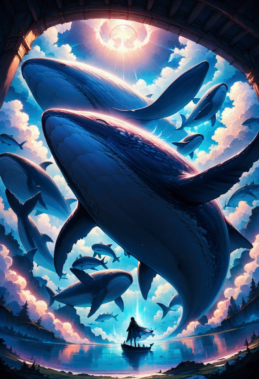 Flying Whale, Winged Whale, A giant whale flying through the sky, extremely detailed whale, glowing whale body, ethereal whale, whale surrounded by clouds, dramatic lighting, cinematic angle, fantasy landscape, vibrant colors, epic, mystical, ethereal, surreal, masterpiece, best quality, very aesthetic, absurdres