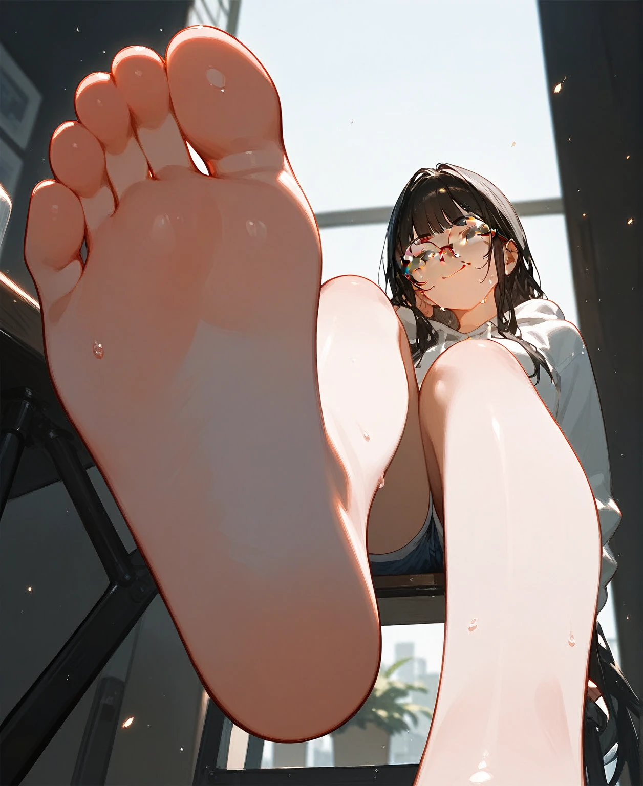 wallpaper,modern style，一个big sister坐在凳子上，Looking up，Casual casual wear， best quality, Very detailed, masterpiece, Extremely detailed, illustration, Sky,Foot Focus, Smirk, Bangs，齐Bangs,Long hair，Straight Hair，Black Hair， barefoot，The soles of your feet sweat a lot，Denim shorts，big sister，Mature，Very high，Red round-rimmed glasses，White sweatshirt，HD，Facial details，Tear mole，