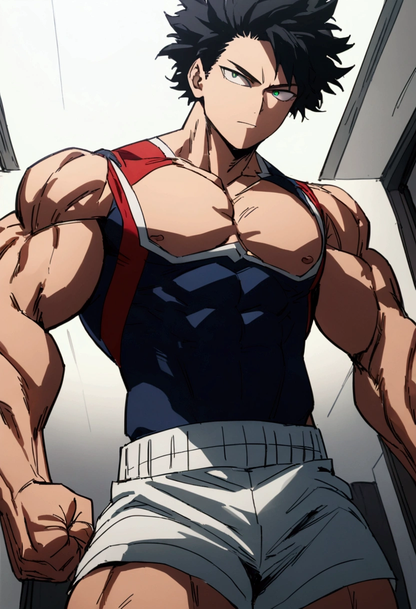 He is a teenager, Hightly disheveled very black hair..., somewhat light green eyes, (front angle ) , muscular body , sexy face, He is dred in the anime uniform. "my hero academia", without the shirt, just with boxer shorts, flexing your muscles