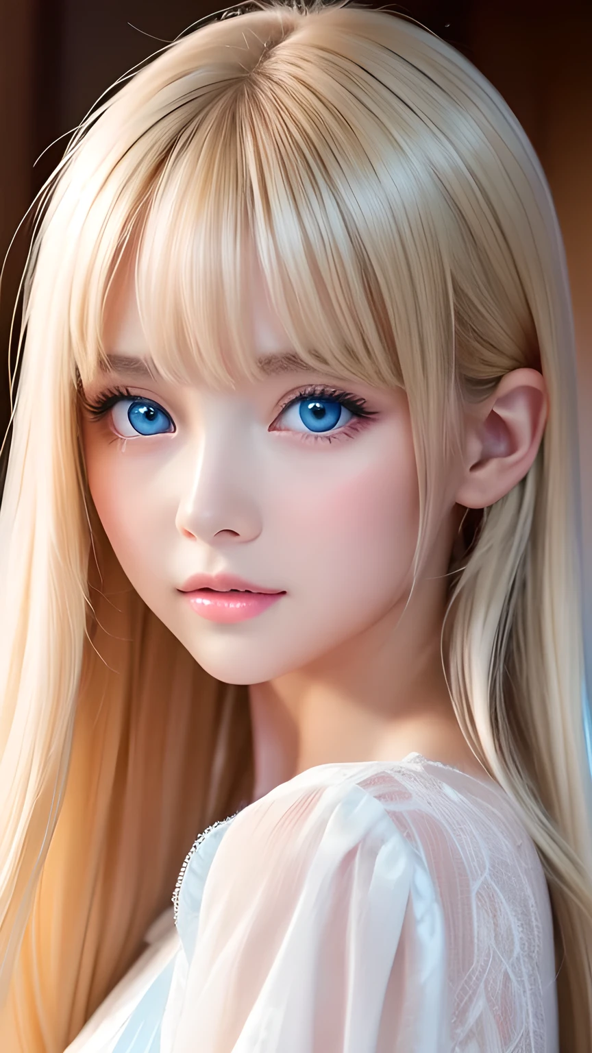 Super long, silky blonde hair、Very cute, beautiful and stunning girl、Bangs falling over the eyes、Hair on the face、Put one bang over your eye、Hair between the eyes、So perfect beautiful cute face、big, Her bright, light blue eyes are so beautiful and sparkling.、Very big eyes、White and lustrous skin、Small Face Beauty、Cheek gloss highlighter、Incredibly white, beautiful, bright and radiant skin、Round face