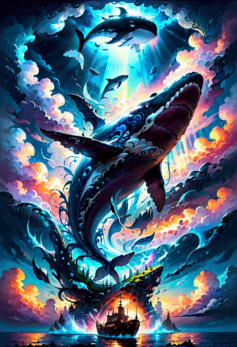 Flying Whale, Winged Whale, A giant whale flying through the sky, extremely detailed whale, glowing whale body, ethereal whale, whale surrounded by clouds, dramatic lighting, cinematic angle, fantasy landscape, vibrant colors, epic, mystical, ethereal, surreal, masterpiece, best quality, very aesthetic, absurdres