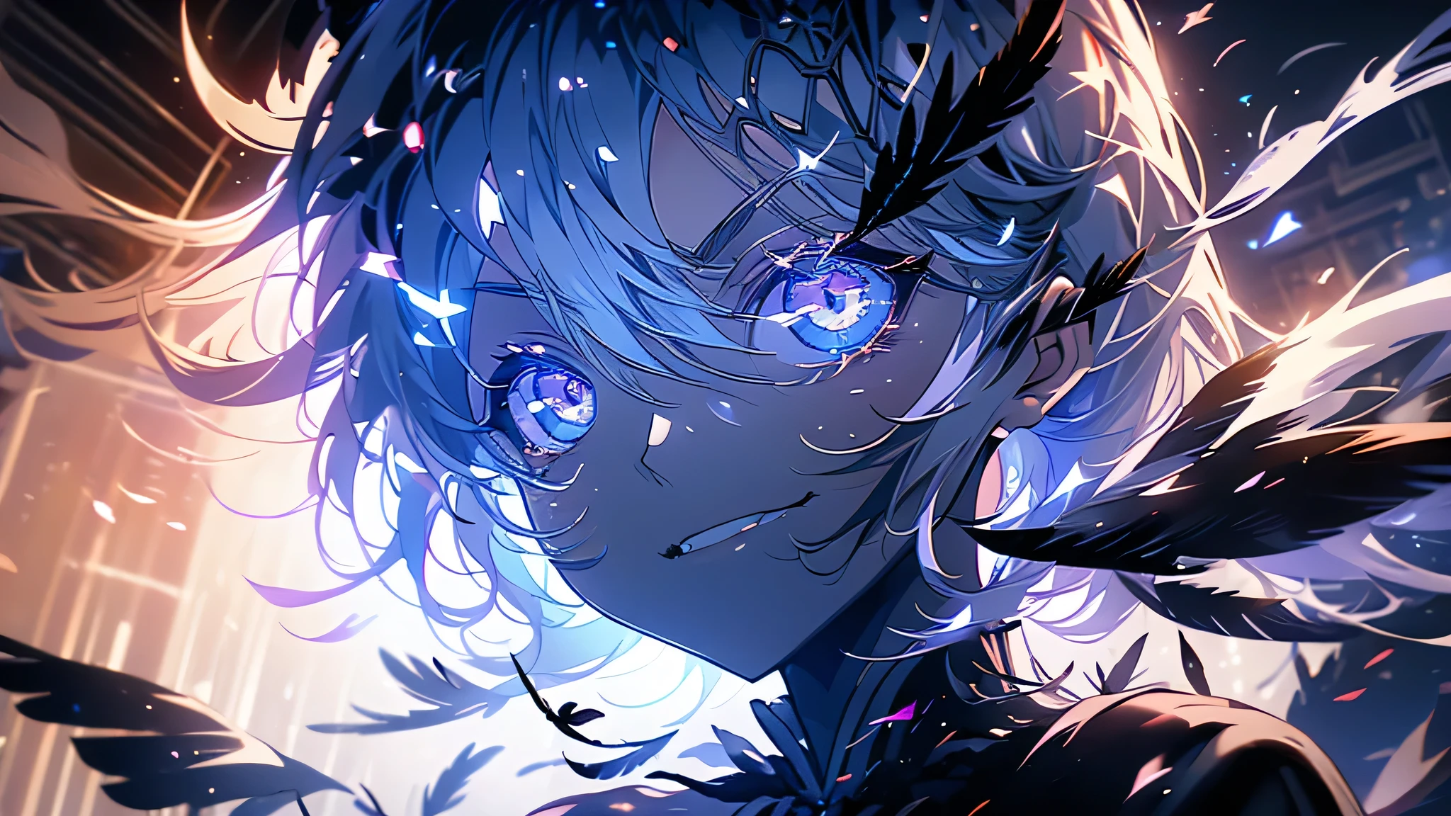 A dark fallen angel standing in a dark temple。Black feathers grow。Looking at this。