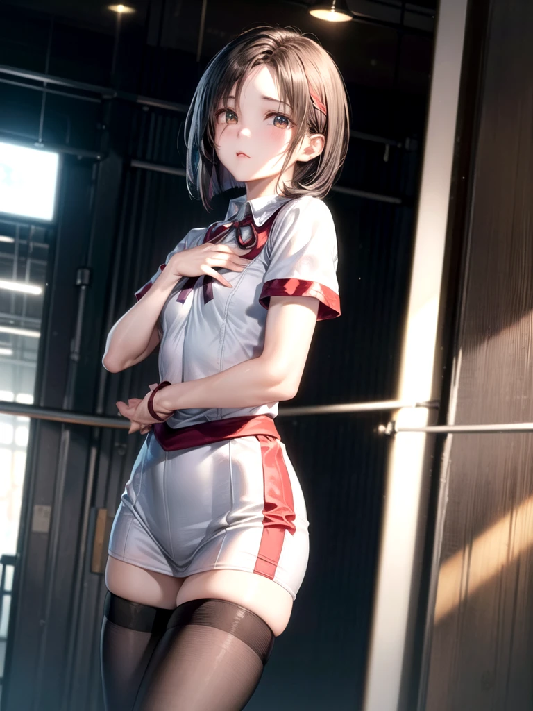 ((Best of the highest quality, 8k, Masterpiece, raw photo: 1.1)), (Sharp focus: 1.1), (1 AESPA, slim body type female, 22 y/o: 1.1), solo, Portrait Waist Up, (realistic, photo-realistic:1.37), face focus, finely small eyes, (forehead, short bob hair: 1.32), (sharp chin, droopy eyes: 1.32), (sad eyes: 1.1), (Emphasize prominent aegyo-sal with bright: 1.28), shimmering eyeshadow applied under the lower lash line, paired with thick, (small breasts, flat chest, thigh: 1.2), (short bob hair: 1.2), (fright attendant uniform, ribbon: 1.28), walking airport terminal, flower, (from below: 1.1), anime