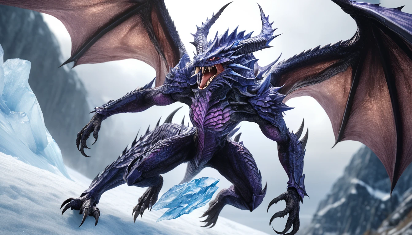 Realistic photos, RAW Photos,
dark purple Bahamut, attacks viewer, Powerful movements, jump on prey, ((Dynamic jump)), Sharp Claws, Bahamut approaching from above, sudden approach, Bad-tempered, dynamic Shot from grand, ice magic,High resolution, masterpiece, Highest quality, Intricate details, Very detailed, Clear focus,texture, Delicate eyes, Professional, 4K,Shallow and deep, Kodak Vision Color, Exactly, Very detailed, photograph_\(Extremist\), photographpractical, practical, Post-processing, Maximum details, Roughness, Real Life, Extremist practical, Photorealism, photographgraphy, 8K Ultra HD, photographgraphy