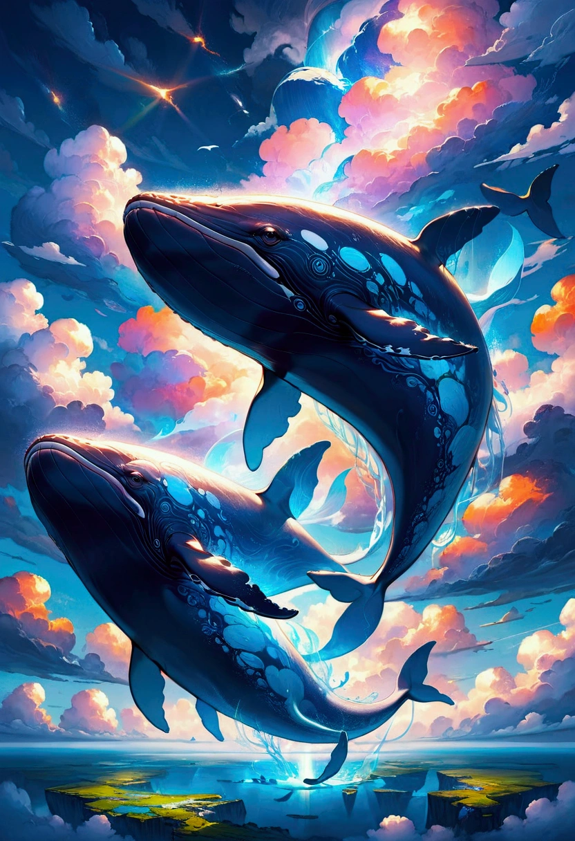 Flying Whale, Winged Whale, A giant whale flying through the sky, extremely detailed whale, glowing whale body, ethereal whale, whale surrounded by clouds, dramatic lighting, cinematic angle, fantasy landscape, vibrant colors, epic, mystical, ethereal, surreal, masterpiece, best quality, very aesthetic, absurdres
