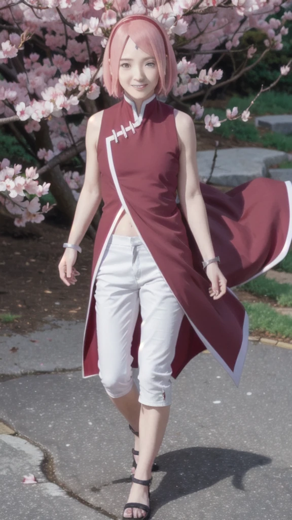 masterpiece, absurdres ,1girl, haruno sakura,forehead mark, red hairband, red sleeveless dress, white pants,navel, groin, bracelet, looking at viewer, crossed arms, smile, cherry blossoms, wind, floating hair,