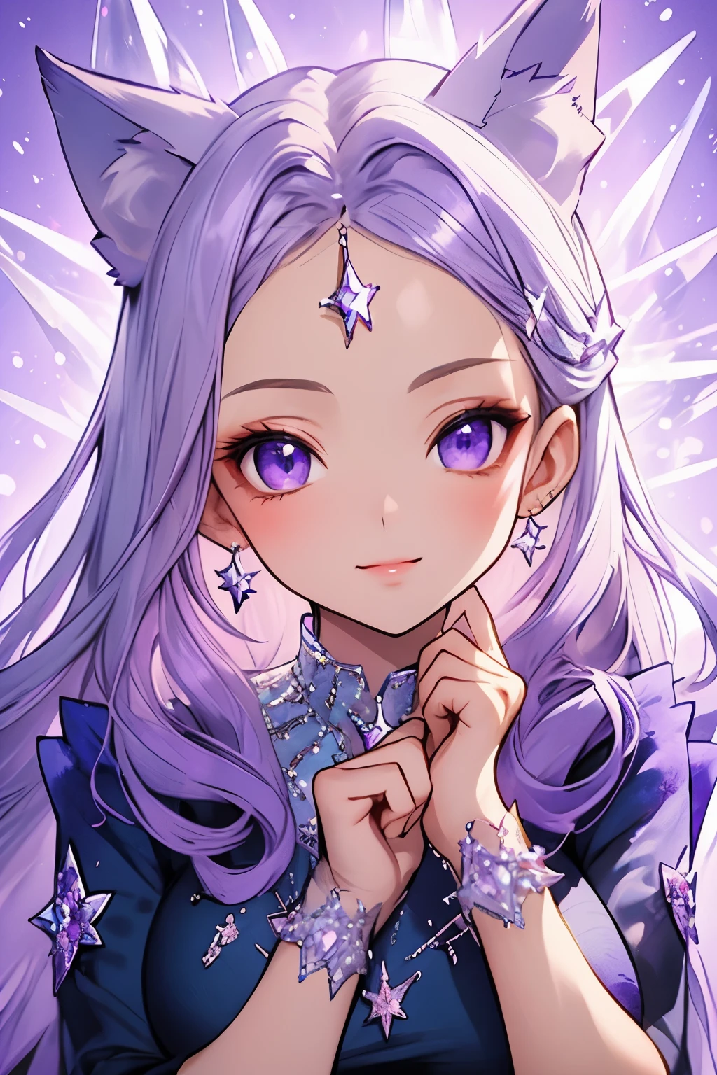 ((best quality)), ((masterpiece)), (detailed), detailed eyes, detailed hands, close up image of her face, female, light purple hair, light purple fox ears, detailed eight-pointed crystal star tattoo on her forehead, delicate and beautiful detailing, beautiful face, well-proportioned detailed purple eyes, round detailed purple eyes and makeup, beautiful detailed and clear purple eyes, volume smooth and sharp, best quality, very beautiful and meticulous eight-pointed crystal star tattoo on her forehead, delicate, must have an eight-pointed crystal star placed on the forehead and nowhere else, mouth closed smile, not fully smiling, gazing out in wonder, starry background, 