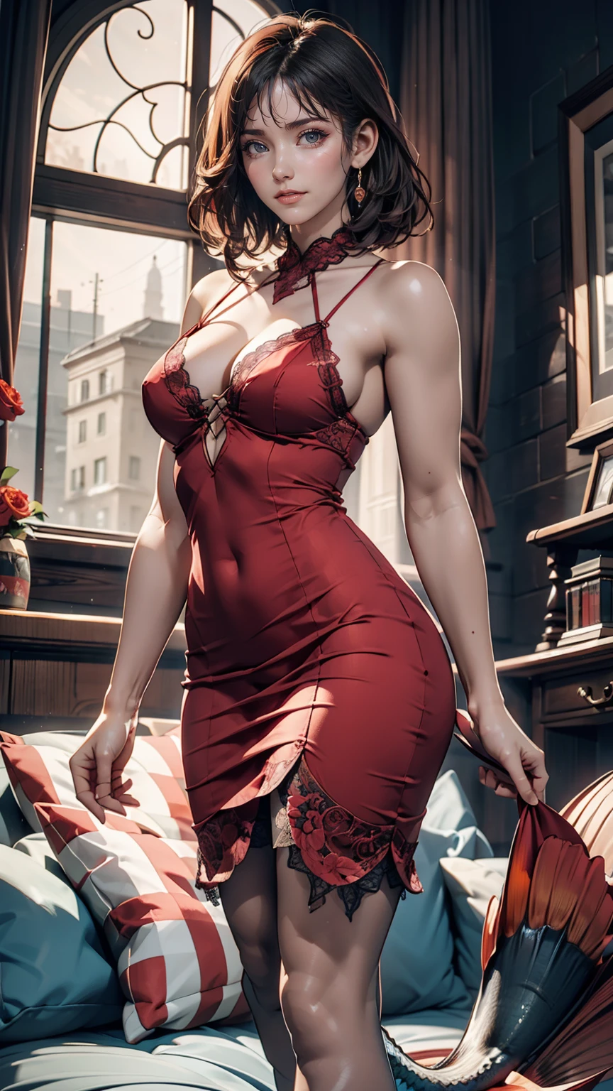 Highest quality, Realistic, photoRealistic, Award-winning illustrations, (Intricate details: 1.2), (Subtle details), (Intricate details), (Cinematic Light, Super sexy short hair super girl、24-year-old female、Sexy proportions、Sexy、Textured skin((textured skin))、Narrow waist、Long eyelashes、bottomless、topless、Lace-up sandals、smile、Red Mermaid Dress((mermaid dres))、Stiletto heels、Evening Globe